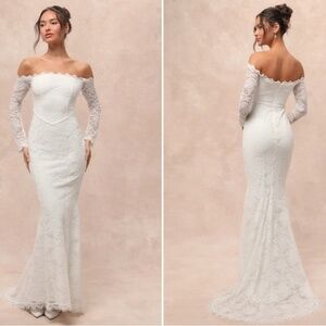 LULU's Sexy Bridal Wedding Floral Lace Off the Shoulder Boho Flowy Mermaid Gown